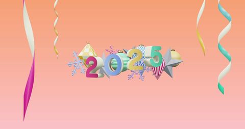 2025 new year text with festive decorations on pink gradient