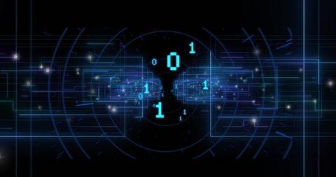 Pulsing binary core emitting turquoise digits through futuristic virtual network hud