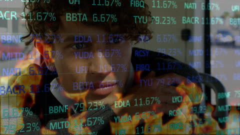 Digital Data Projection Over Concerned Man with Fire Imagery