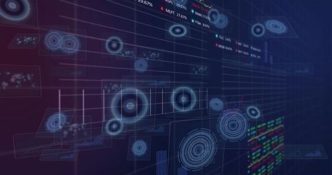 Futuristic 3D Holographic Data Dashboard Displaying Concentric HUD Nodes, Neon Grid Metrics