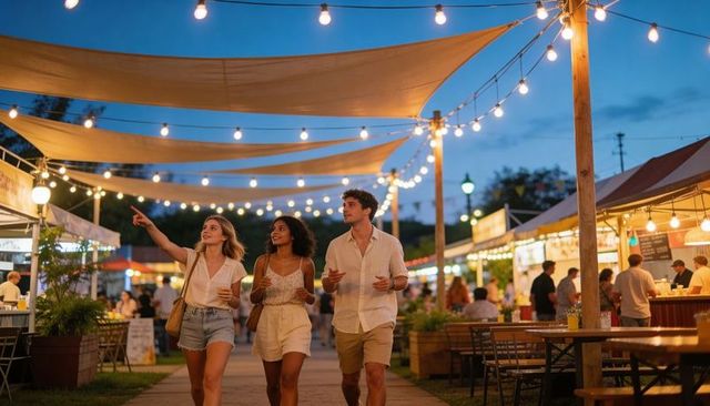 Friends strolling summer night market enjoying street food and drinks under string lights