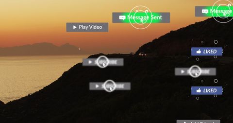 Social media icons hovering over scenic sunset and sea