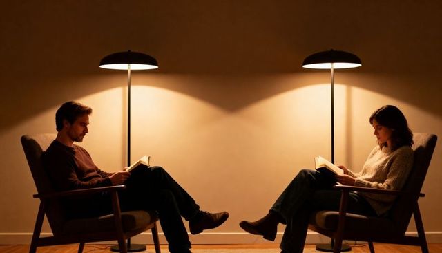 Couple reading in cozy midcentury living room with symmetrical floor lamps and warm light