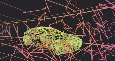 Neon Green Wireframe Car in Futuristic 3D Grid with Pink Geometric Light Trails