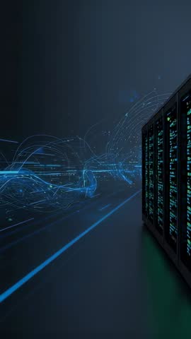 Streaming Blue Data Flowing Through Server Corridor Into Rack Processing in Real Time