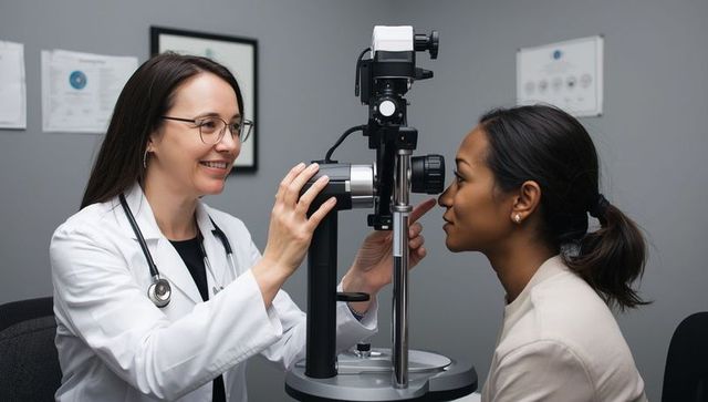 Ophthalmologist examining patient's eye in modern clinic