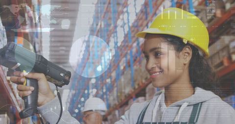 Warehouse worker using barcode scanner with digital data overlay