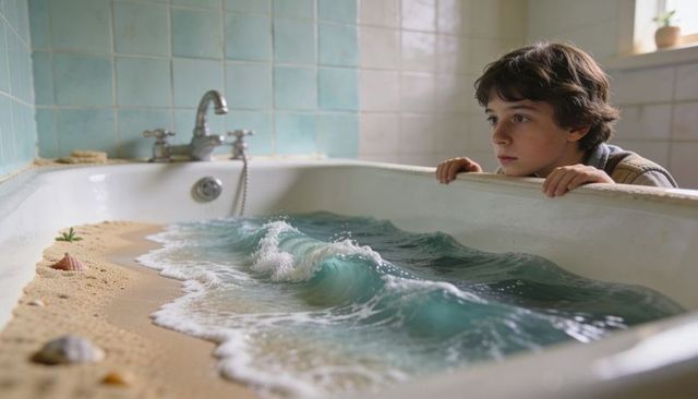 Young boy leaning over bathtub peering at miniature beach with realistic ocean waves