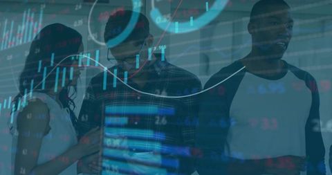 Team Collaborating on Smartphone Data with Financial Graphs Overlay