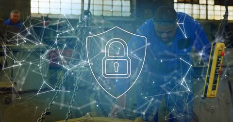 Industrial Worker Operating Hoist with Digital Network Overlay