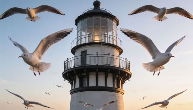 Coastal lighthouse beacon glowing at golden sunset with seagulls soaring around tower