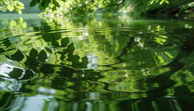 Rippling pond reflecting lush green foliage, concentric ripples creating tranquil natural calm