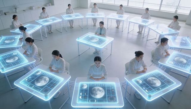 Asian woman studying holographic lunar table in minimalist futuristic training lab