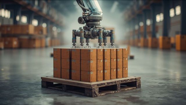 Robotic Gripper Organizing Cardboard Boxes in Warehouse