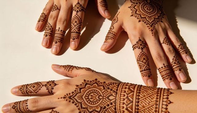 Intricate henna mandala adorning three female hands in warm minimalist flatlay