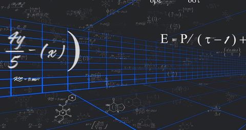 Blue wireframe tunnel showing mathematical equations and molecular diagrams for tech visualization