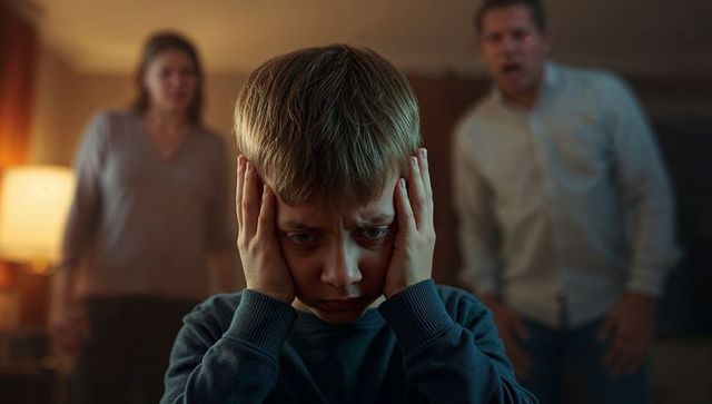 Upset child reacting to dispute in family living room
