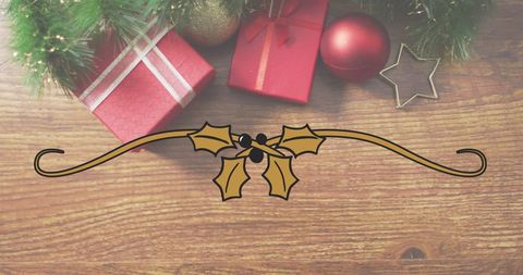 Festive Holiday Gifts with Holly Decoration on Wooden Table