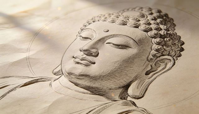 Serene buddha head pencil sketch on textured paper radiating warm halo light