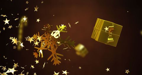 Golden Christmas Decorations with Stars and Gift Box on Brown Background