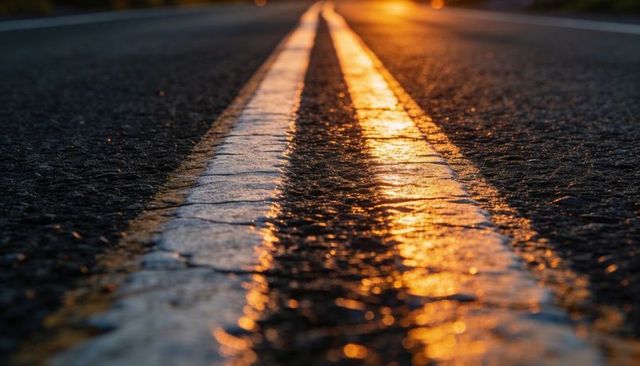 Double center stripe reflecting sunset glow on cracked asphalt, leading eye toward horizon