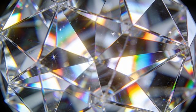 Faceted crystal sphere refracting rainbow light and sparkling starbursts