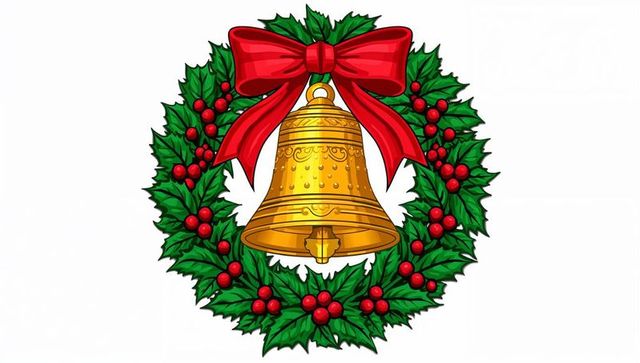 Hanging golden bell wreath with holly leaves, red bow and berries for christmas