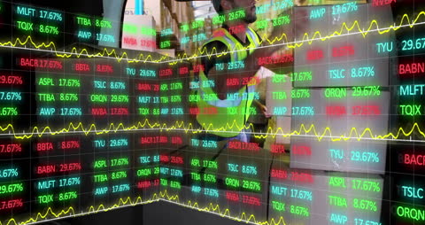 Delivery Driver Handling Boxes with Overlay of Stock Market Data