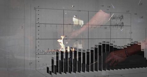 Data analyst typing on laptop with floating 3d bar charts