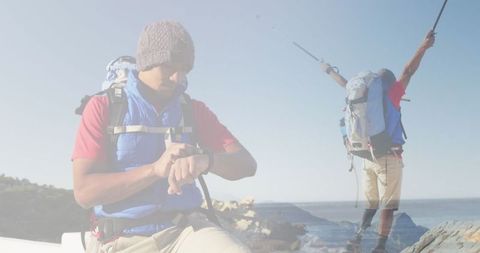Active Male Hiker with Backpack in Mountain Scenery
