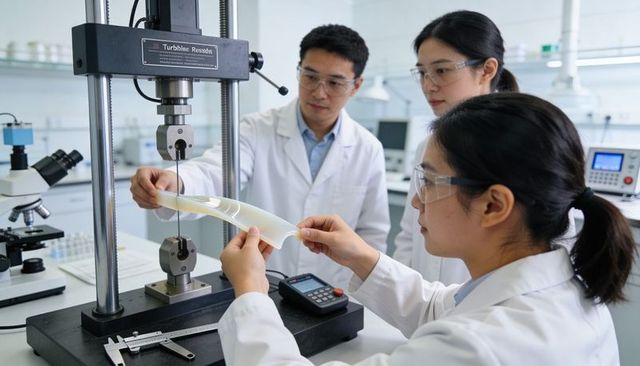 Research team testing polymer tensile strength using universal tester and precision instruments