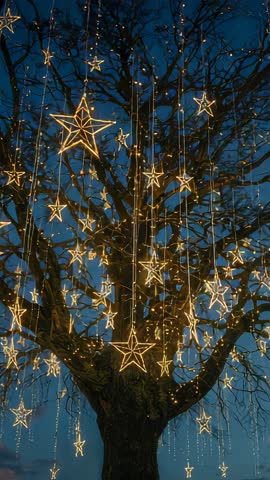 Tilting upward and panning right over tree hung with glowing star lights at dusk in park
