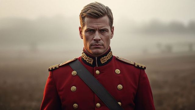 Solemn Soldier in Red Military Dress on Foggy Field