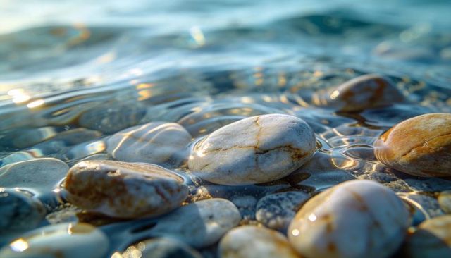 Sunlit veined white pebble in rippling shallow water, glossy beach stones and reflections