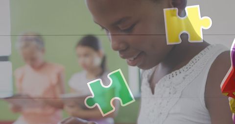 Diverse Students Learning with Digital Puzzle Interface - Download Free Stock Images Pikwizard.com