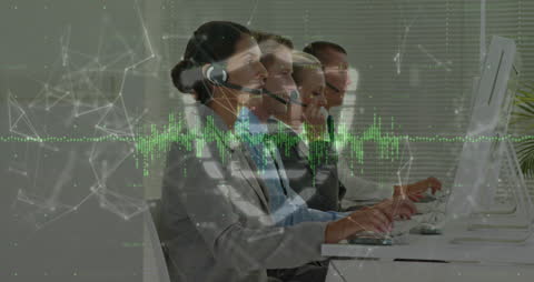 Business Team with Data Overlay Communicating to Clients