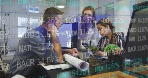 Colleagues strategizing amidst data overlay in modern office