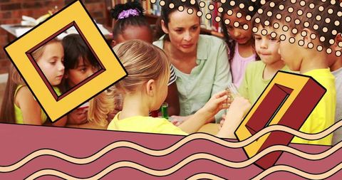 Elementary teacher guiding hands-on stem activity with focused children in classroom