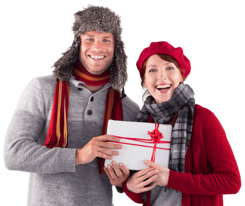 Smiling Couple Holding Holiday Gift, Warm Winter Attire, Transparent Background