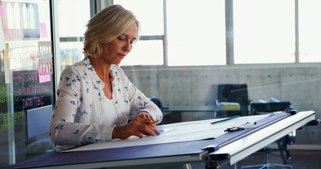 Focused Businesswoman Working on Blueprint in Modern Office - Download Free Stock Images Pikwizard.com