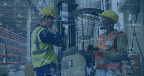 Warehouse Team Inspecting Forklift with Digital Data Overlay Highlighting Logistics Safety