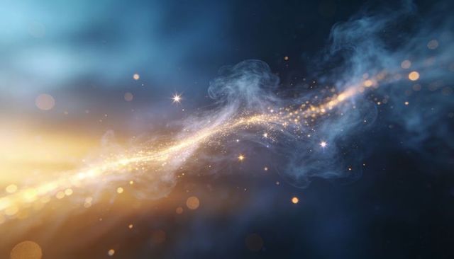Golden Cosmic Ribbon Streaming Through Nebula with Sparkling Particles and Bokeh