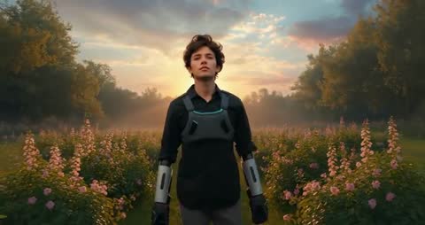 Futuristic Empowerment: Man Advancing with Exo Harness in a Field