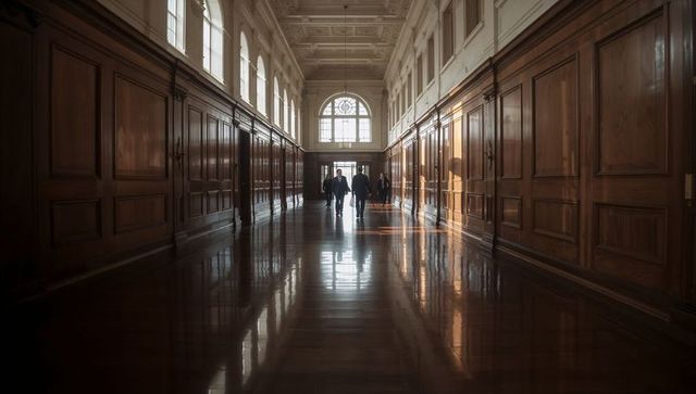 Executives walking through grand wood-paneled corridor with polished floor reflections