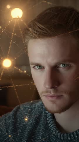 Young man analyzing network projection and data visualization in warm ambient vertical tech video