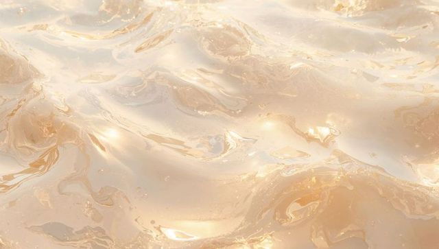 Pearlescent gold gel shimmering with ripples and metallic flecks, glossy viscous surface