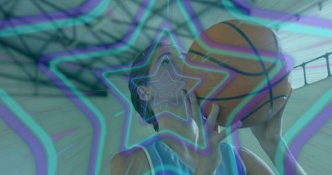 Female Athlete Shooting Basketball in Indoor Gym with Neon Star Overlay, Practicing Focus