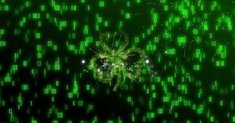 Radiating digital data burst glowing with neon green glyphs and central luminous core