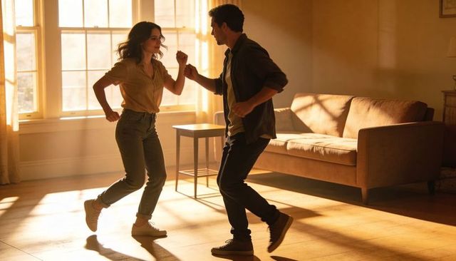 Sunlit living room couple dancing holding hands on warm wooden floor