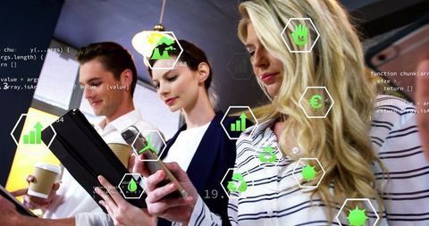 Business team analyzing mobile data with augmented reality charts and eco metrics